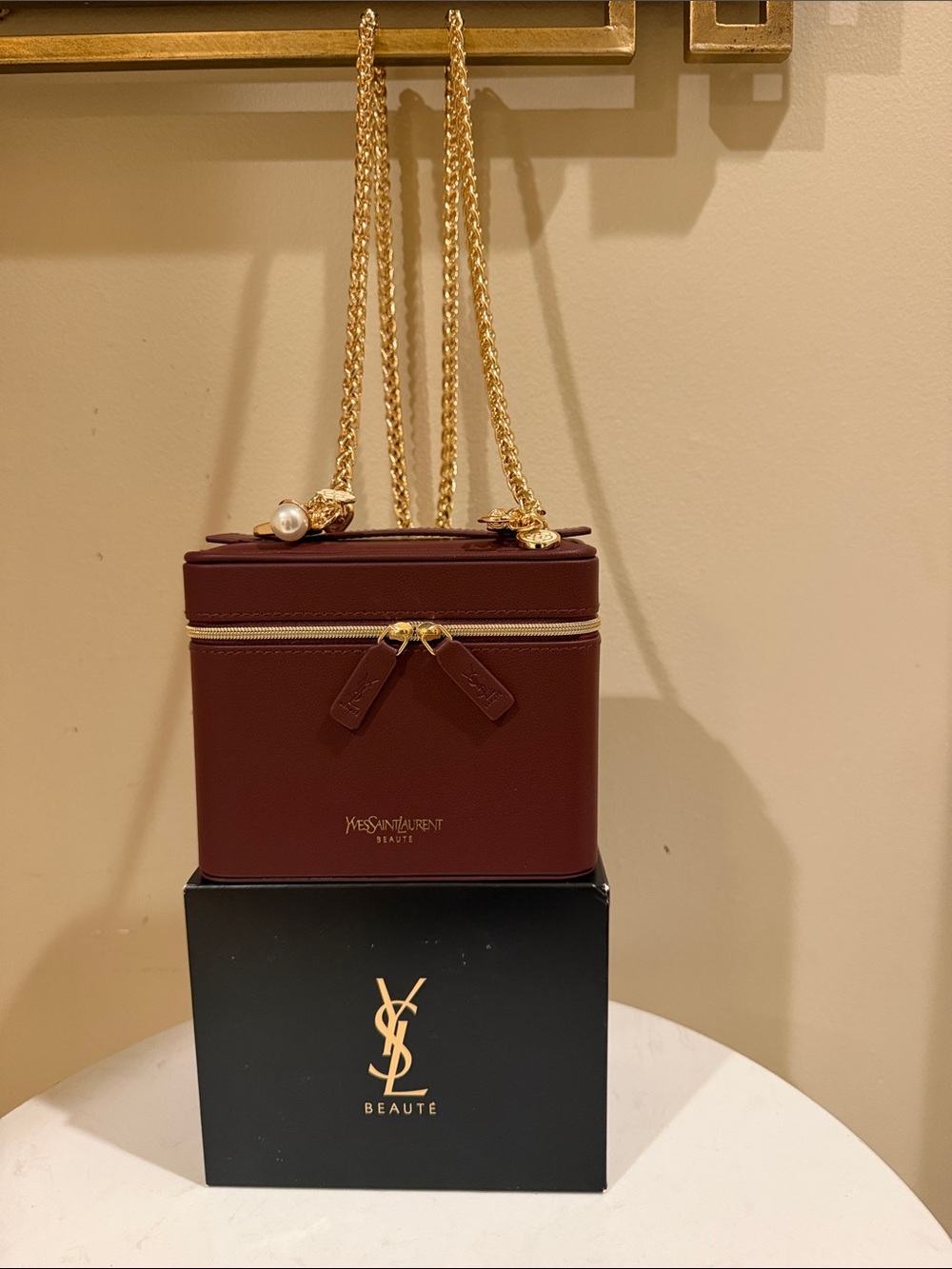 Yves Saint Laurent Burgundy Leather Cosmetic Vanity To Crossbody